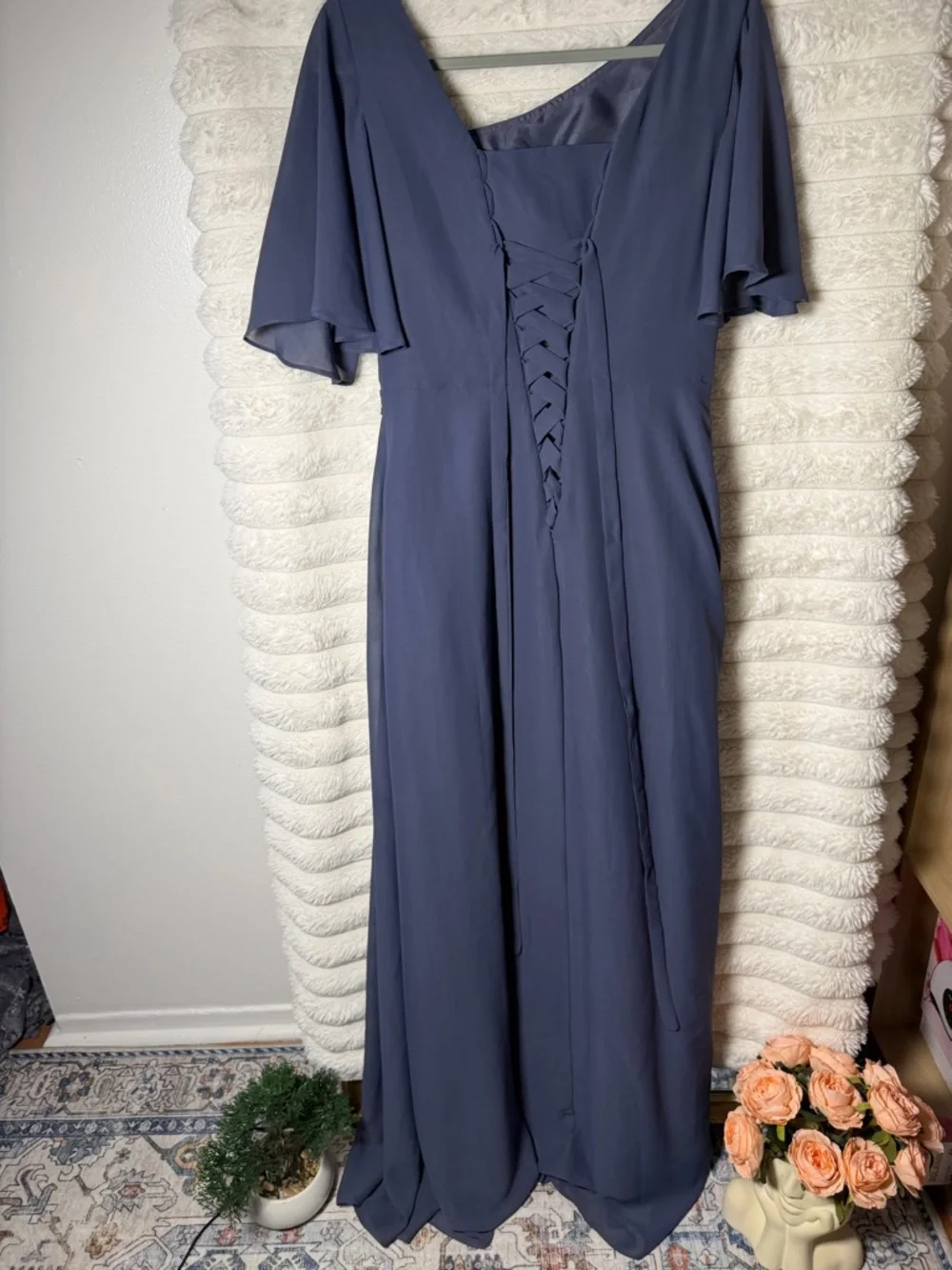 Elegant Slate Blue Evening Gown with Embellished Waist - Picture 3 of 3